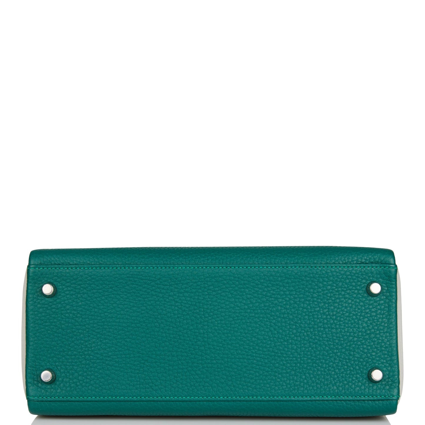 Luxury Hermes Special Order (HSS) Kelly Retourne 28 Malachite and Gris Perle Clemence Brushed Palladium Hardware