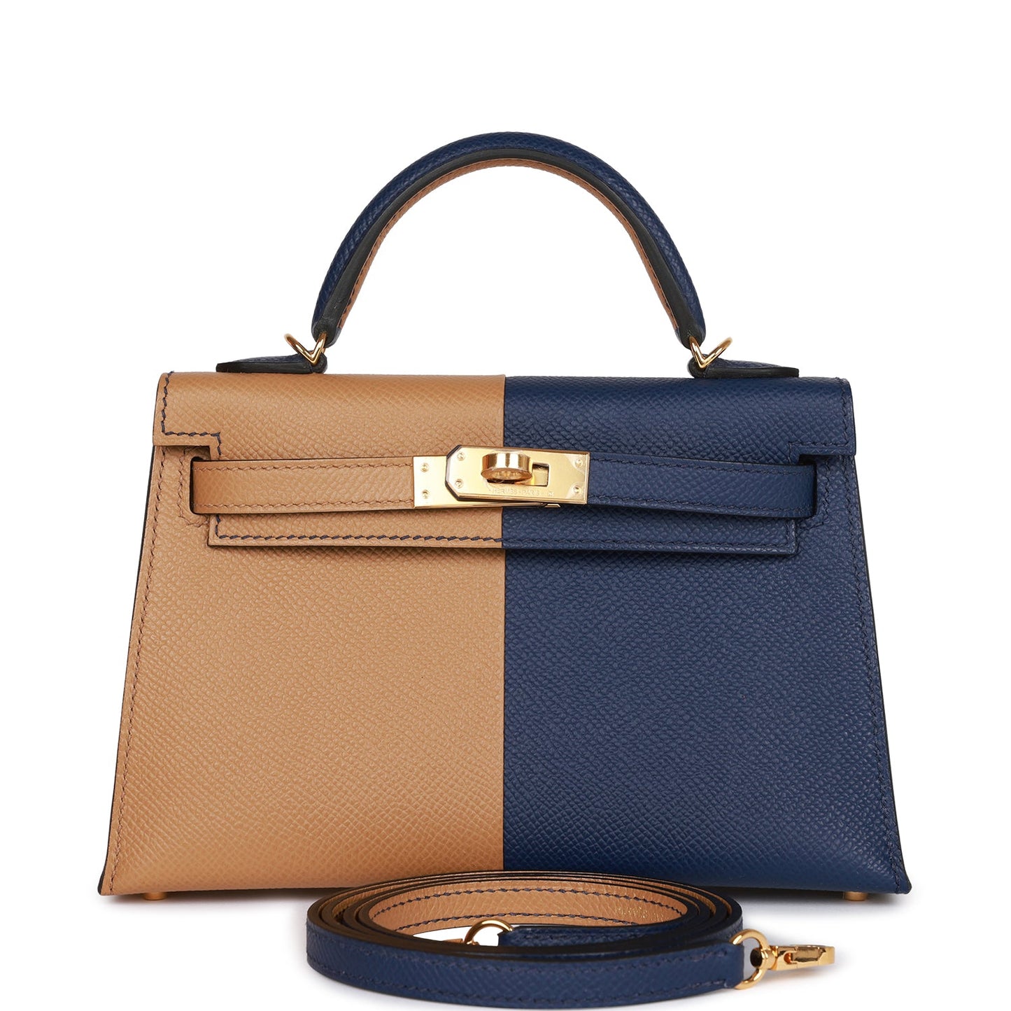 Luxury Hermes Special Order (HSS) Kelly Sellier 20 Casaque Sesame and Bleu Saphir Epsom Gold Hardware