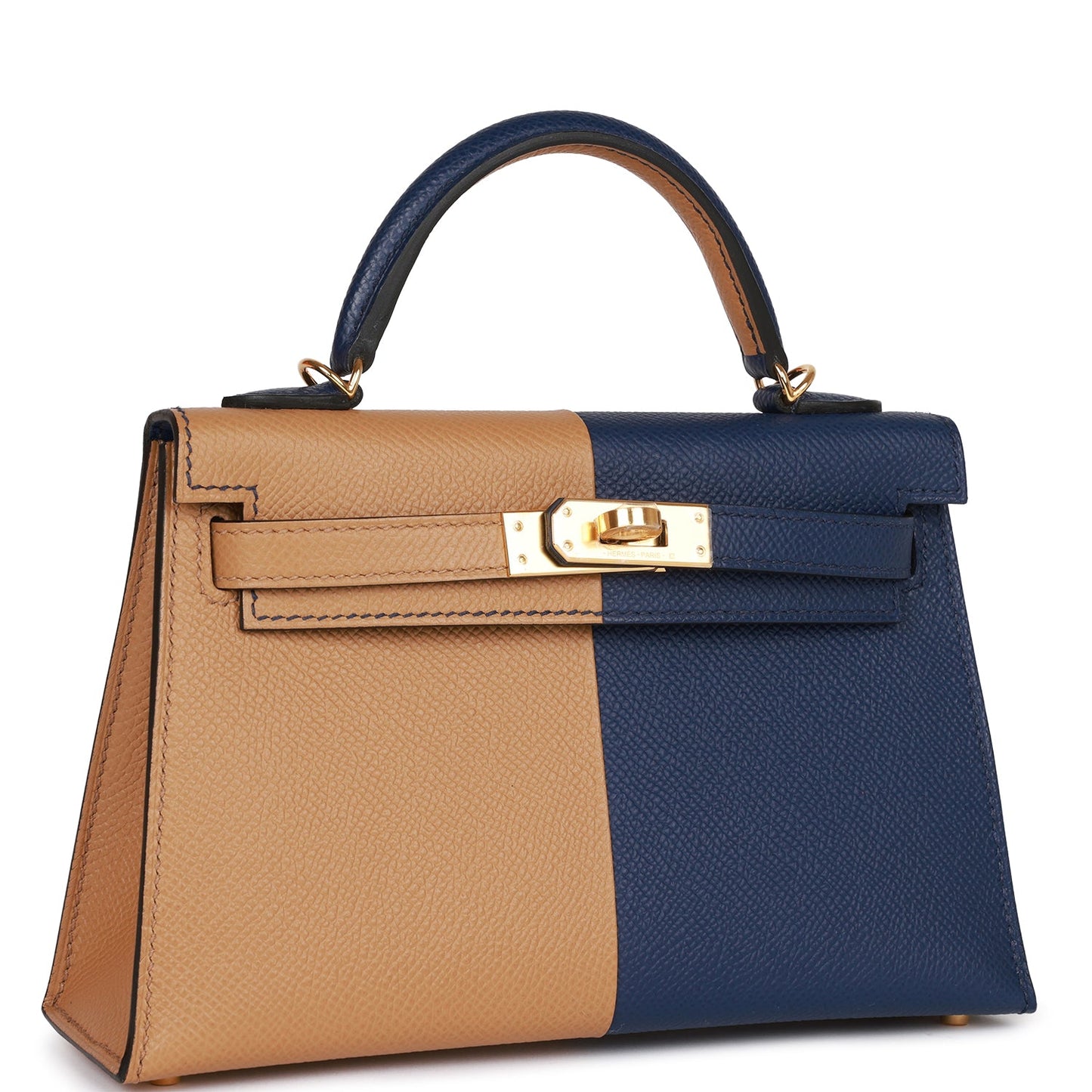 Luxury Hermes Special Order (HSS) Kelly Sellier 20 Casaque Sesame and Bleu Saphir Epsom Gold Hardware