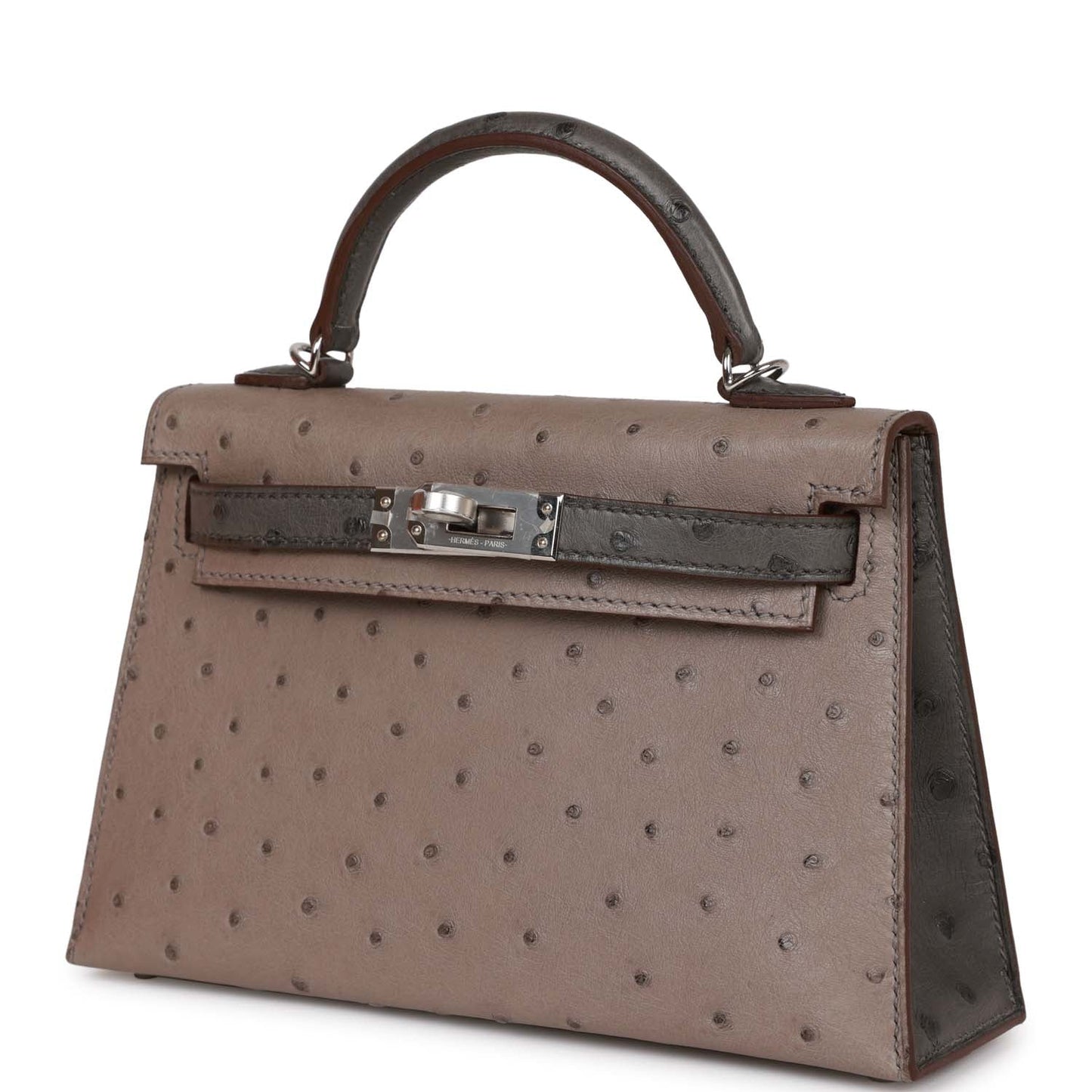 Luxury Hermes Special Order (HSS) Kelly Sellier 20 Gris Tourterelle and Graphite Ostrich Palladium Hardware