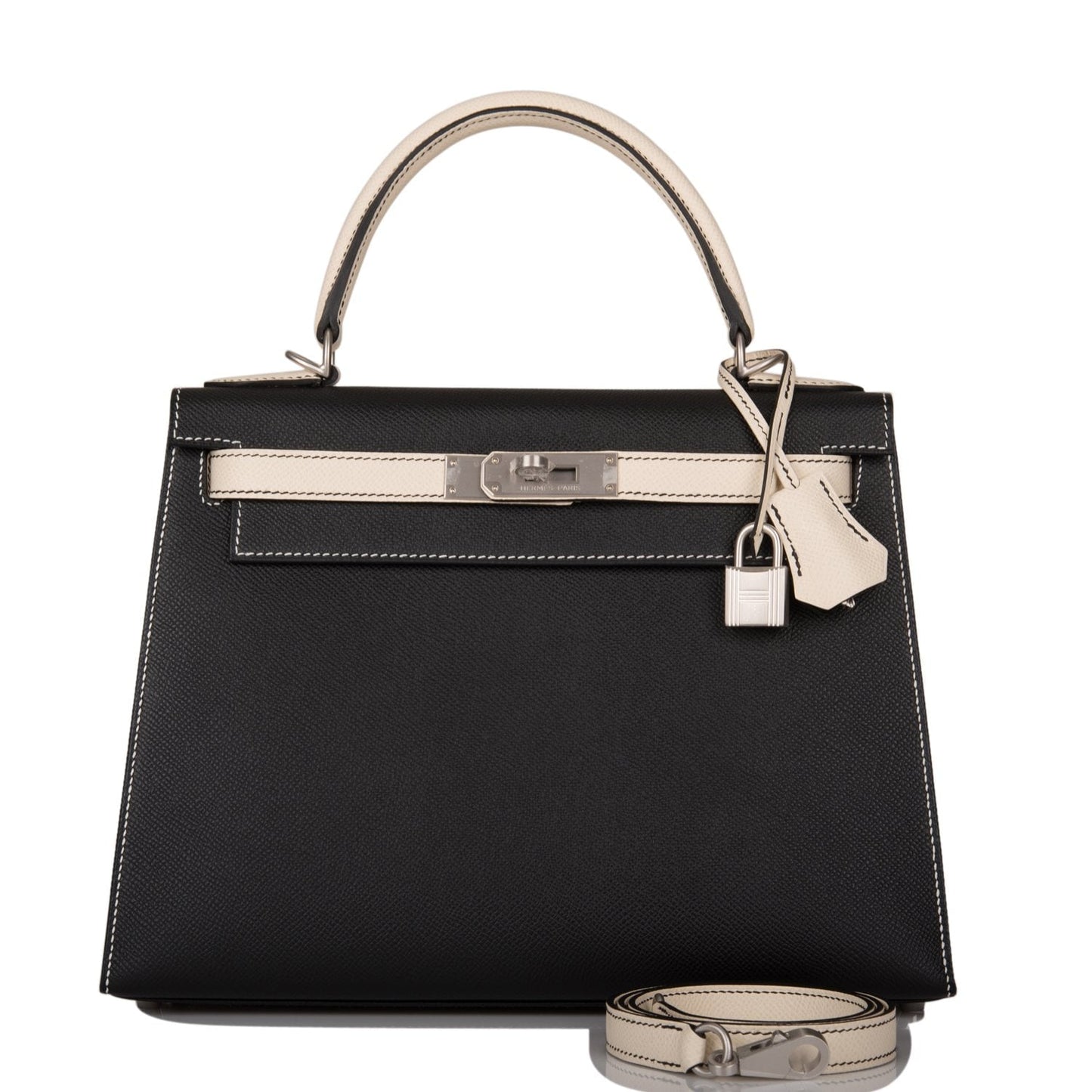 Luxury Hermes Special Order (HSS) Kelly Sellier 28 Black and Craie Epsom Brushed Palladium Hardware
