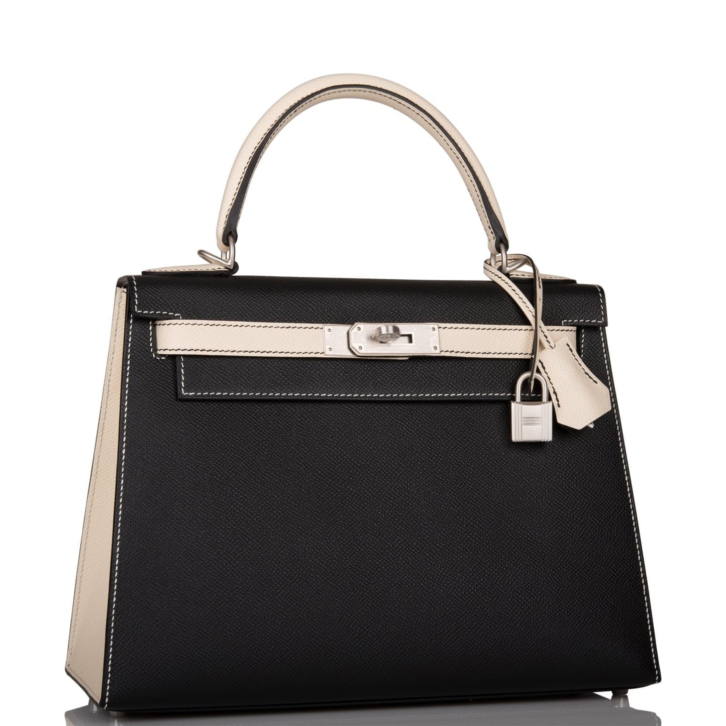 Luxury Hermes Special Order (HSS) Kelly Sellier 28 Black and Craie Epsom Brushed Palladium Hardware