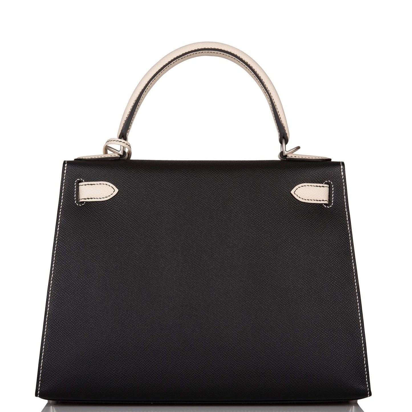 Luxury Hermes Special Order (HSS) Kelly Sellier 28 Black and Craie Epsom Brushed Palladium Hardware