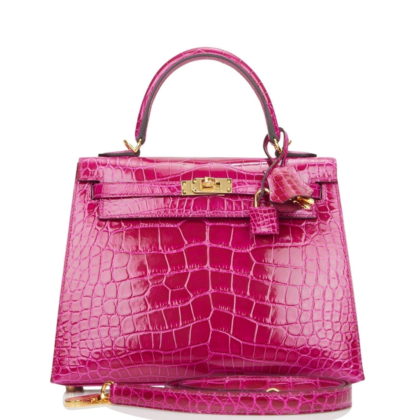 Hermes Kelly 25 Sellier Rose Pourpre Shiny Alligator Gold Hardware