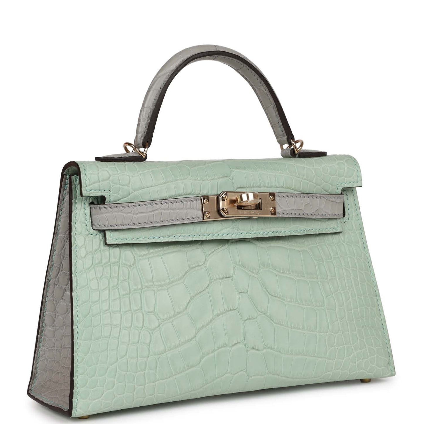 Hermes Special Order (HSS) Kelly 20 Sellier Vert D'Eau and Gris Perle Matte Alligator Permabrass Hardware