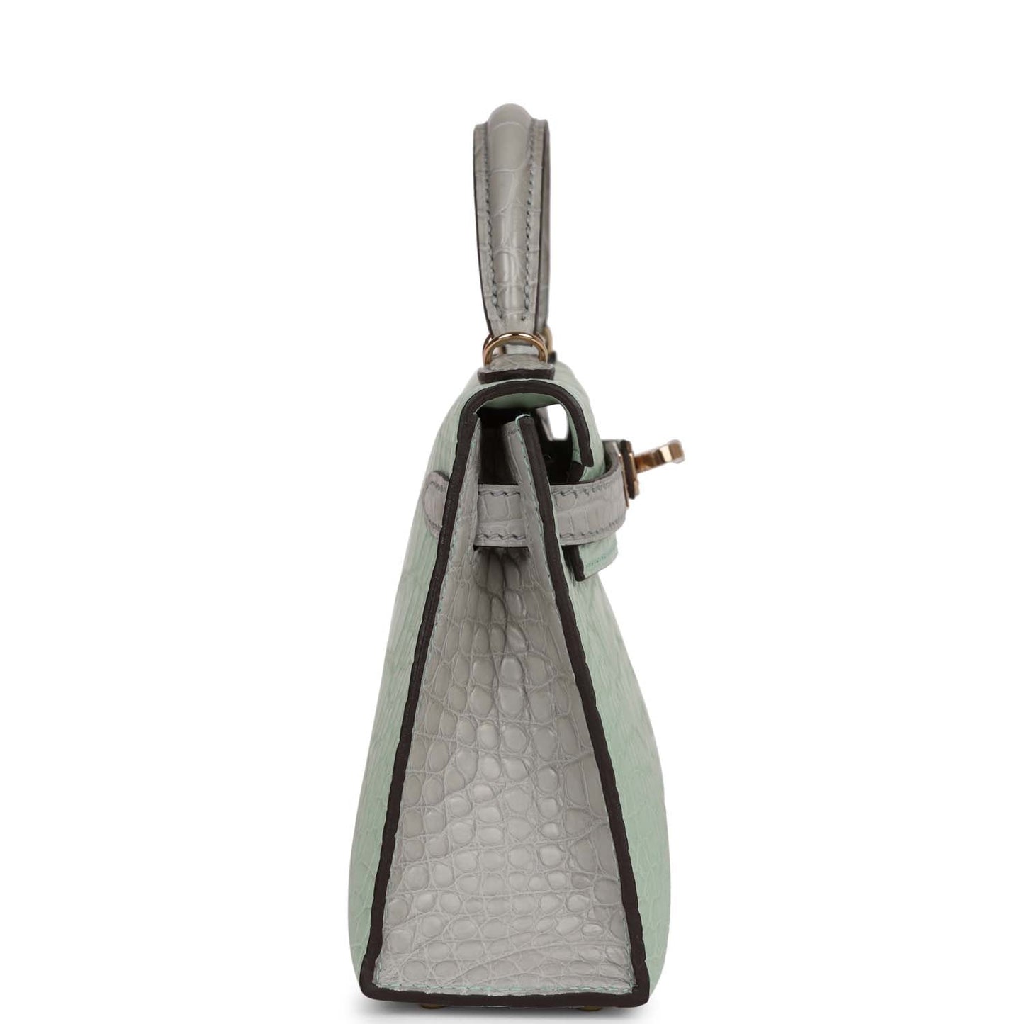 Hermes Special Order (HSS) Kelly 20 Sellier Vert D'Eau and Gris Perle Matte Alligator Permabrass Hardware