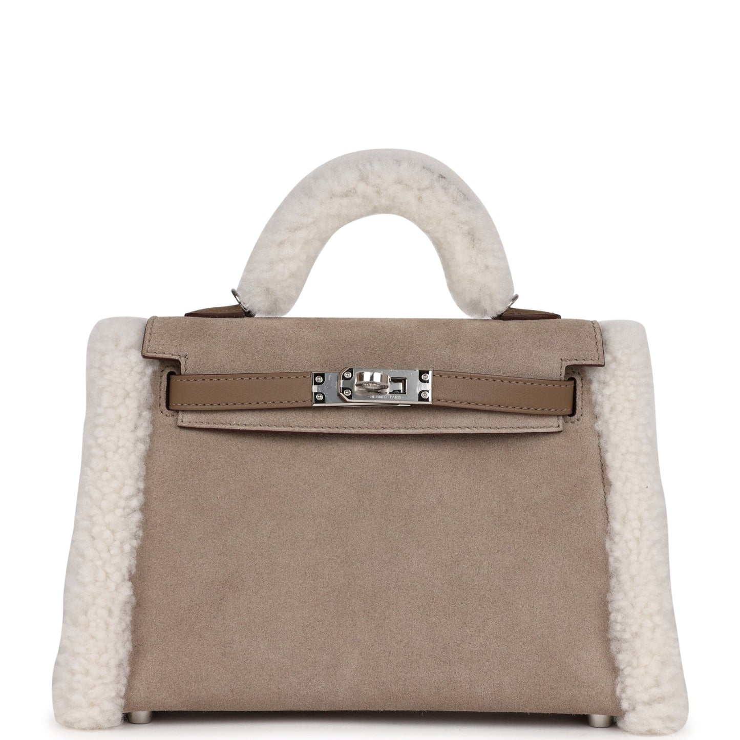 Luxury Hermes Teddy Kelly 20 Etoupe Shearling and Swift Palladium Hardware