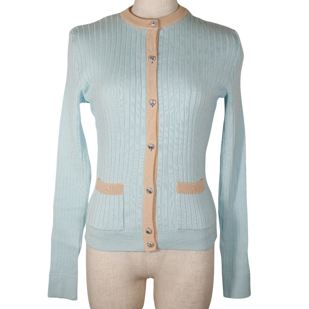 CHANEL cardigan P07389V00348 cotton Two-tone color (light blue) piping ensemble 40