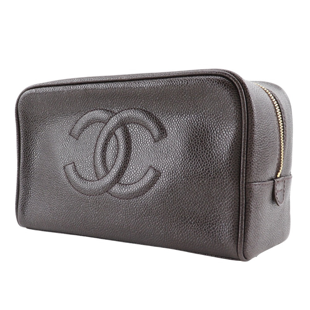 CHANEL Pouch A01996 Caviar skin Brown Cosmetic porch COCO Mark Women