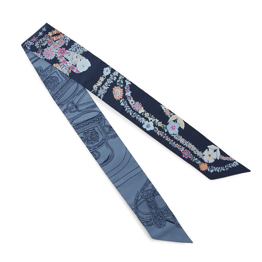 HERMES Twilly Brides de Gala en Fleurs Eyeliner Marine/Rose/Blue Jean Silk100%