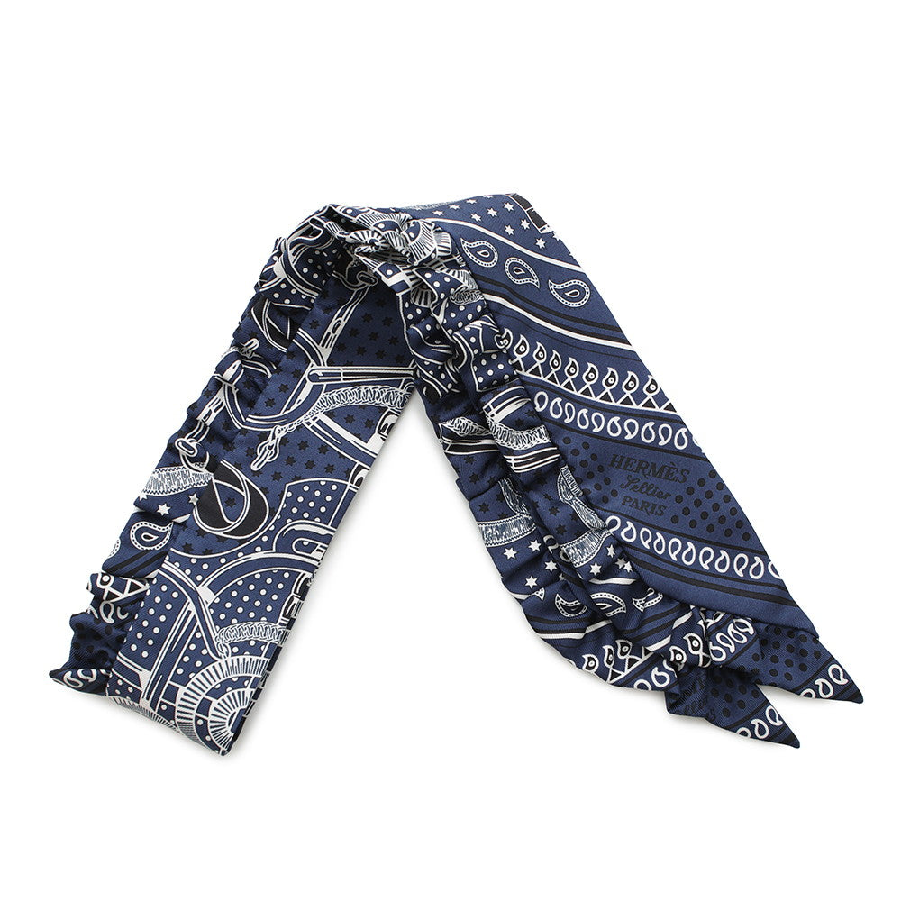 HERMES Twilly Frill Apron Doll Bandana Eperon d'Or Bandana Marine Fonce/Black/White Silk100%