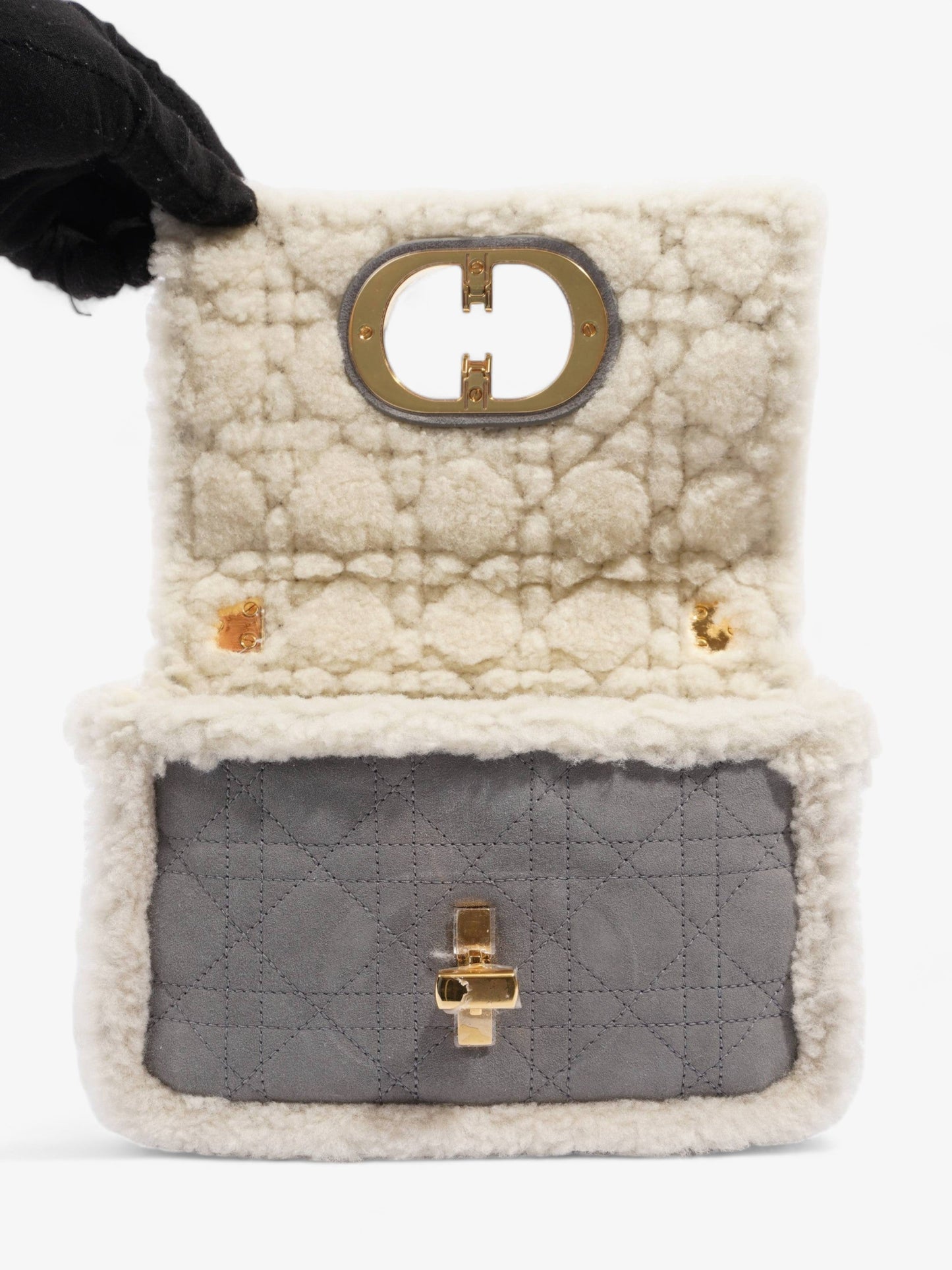 Christian Dior Small Caro Grey / Cream Shearling
