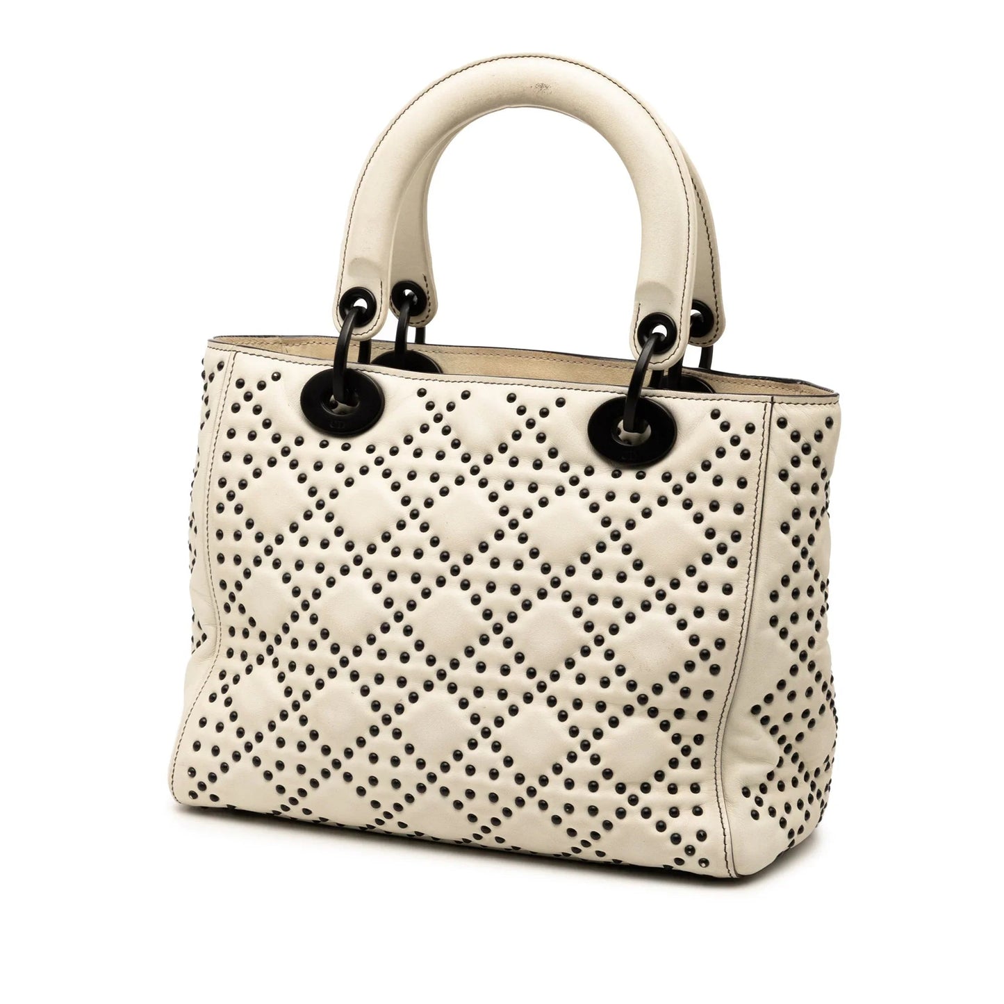 White Dior Medium Lambskin Cannage Studded Supple Lady Dior Satchel