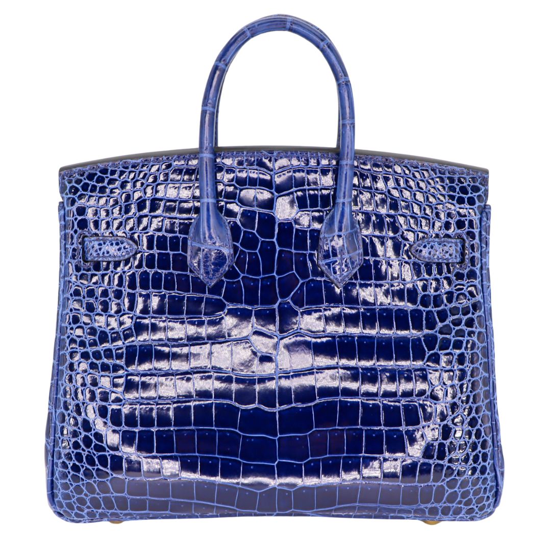 Hermes25cm Birkin Bleu Saphir Shiny Porosus Crocodile Gold Hardware