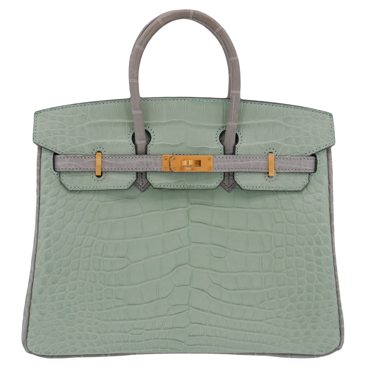 Hermes25cm Birkin HSS Vert D'eau/ Gris Perle Matte Alligator Brushed Gold Hardware