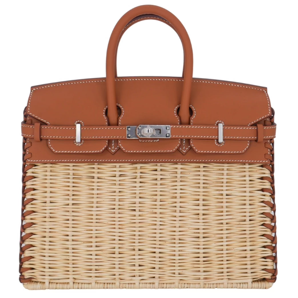 Hermes25cm Birkin Picnic Gold Swift Leather/ Osier Wicker Palladium Hardware