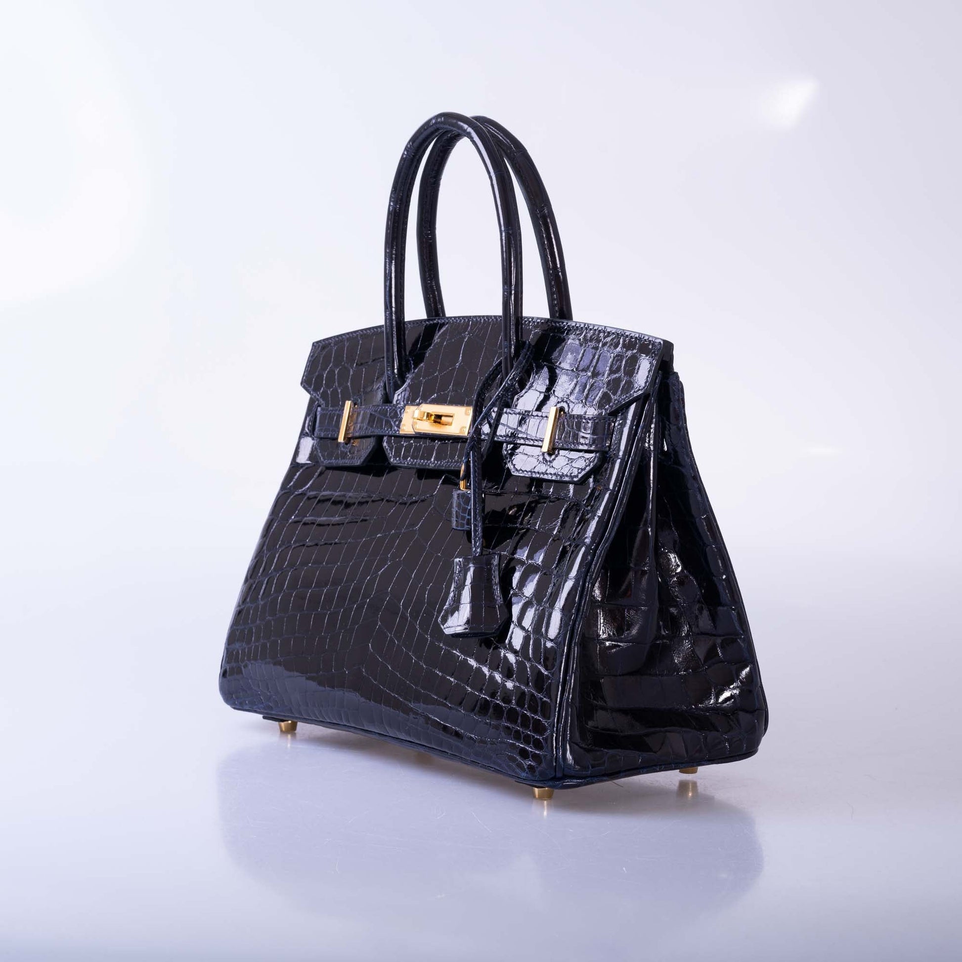 HermesBirkin 30 Bleu Marine Shiny Niloticus Crocodile Gold Hardware
