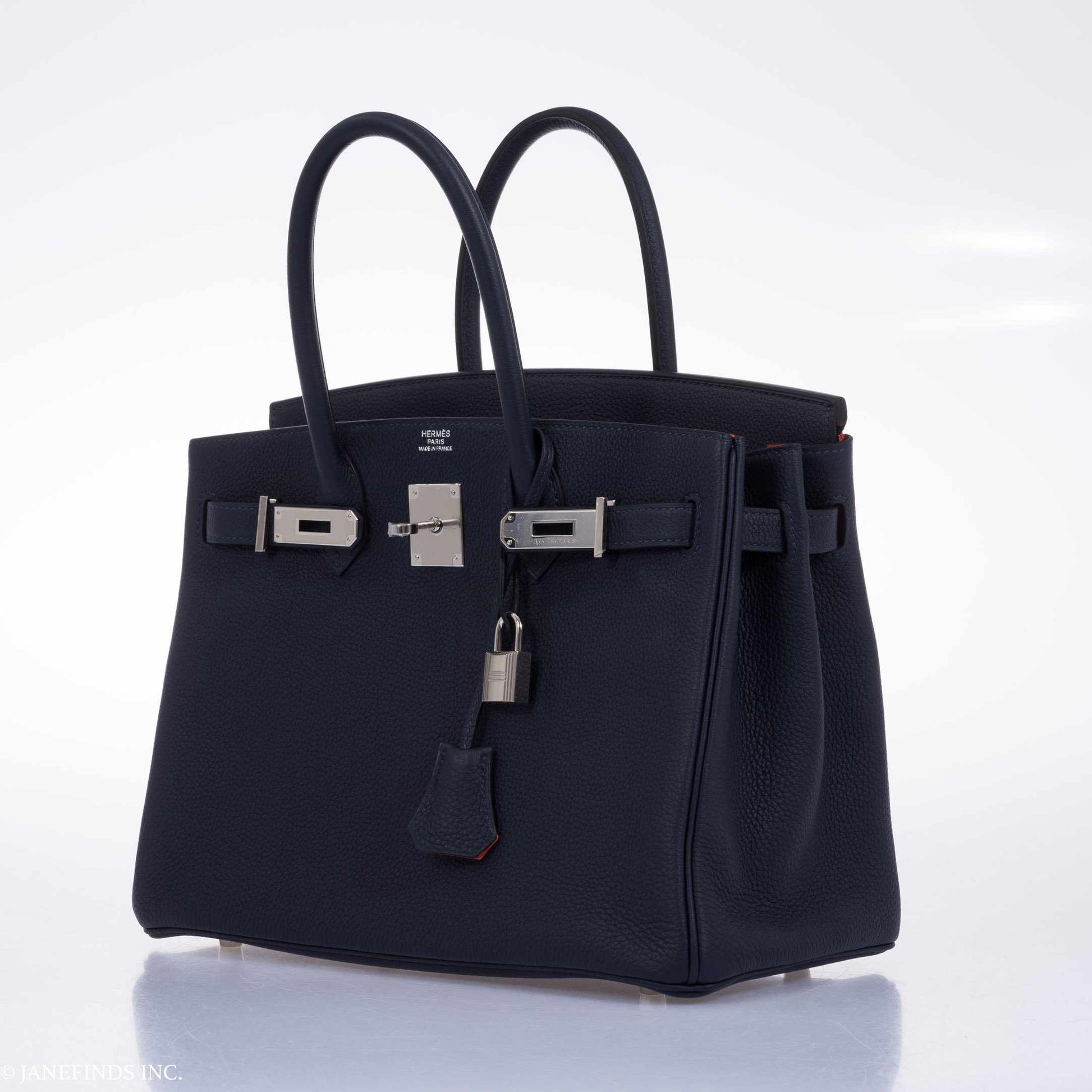 HermesBirkin 30 Blue Nuit Verso Orange Poppy Togo Palladium Hardware