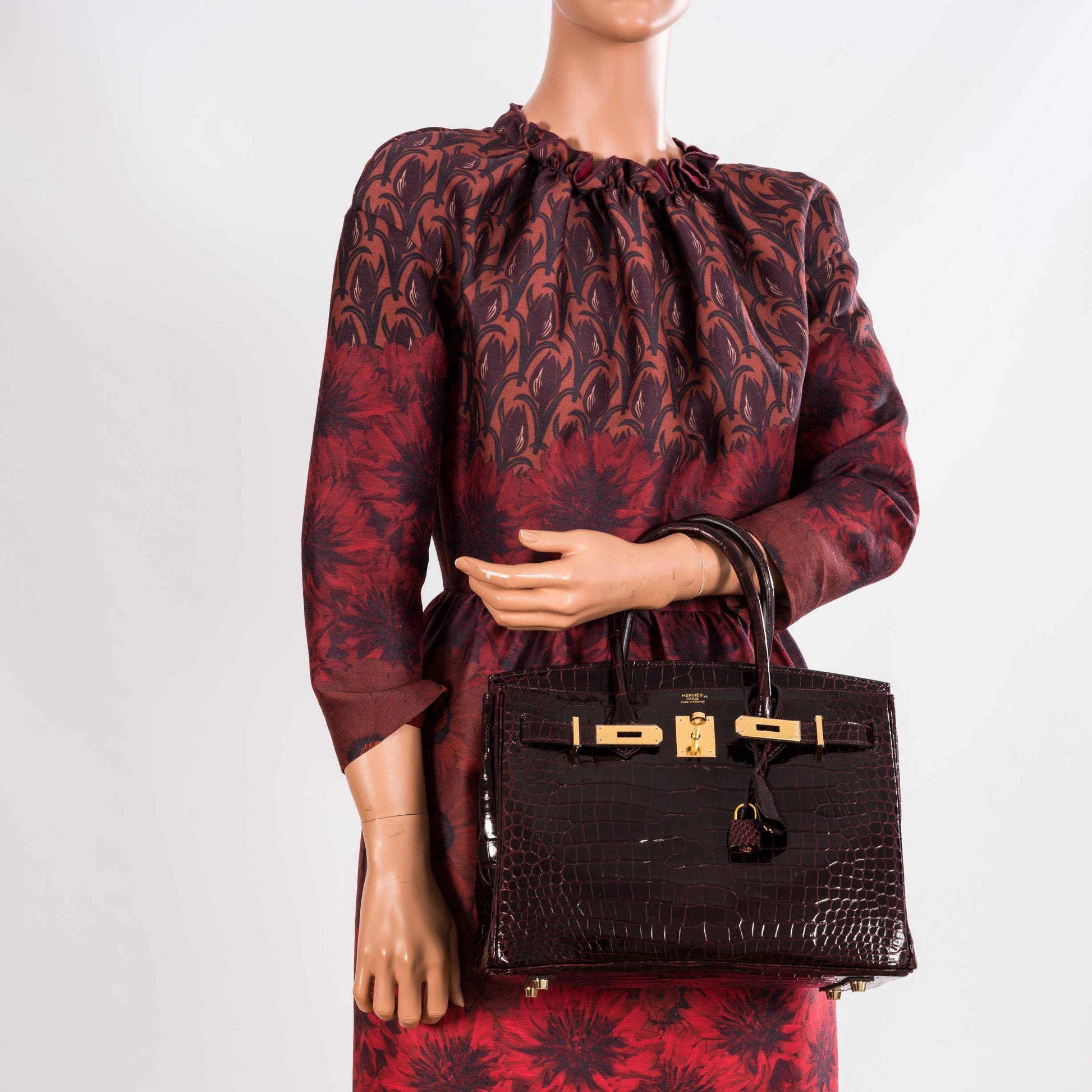 HermesBirkin 30 Bordeaux Porosus Crocodile Gold Hardware