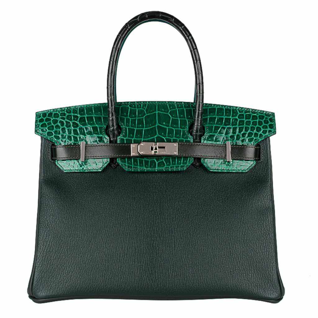 HermesBirkin 30 "Patchwork" Vert Fonce Vert Titen Emerald Chevre Clemence Box Calf Porosus Crocodile Palladium Hardware
