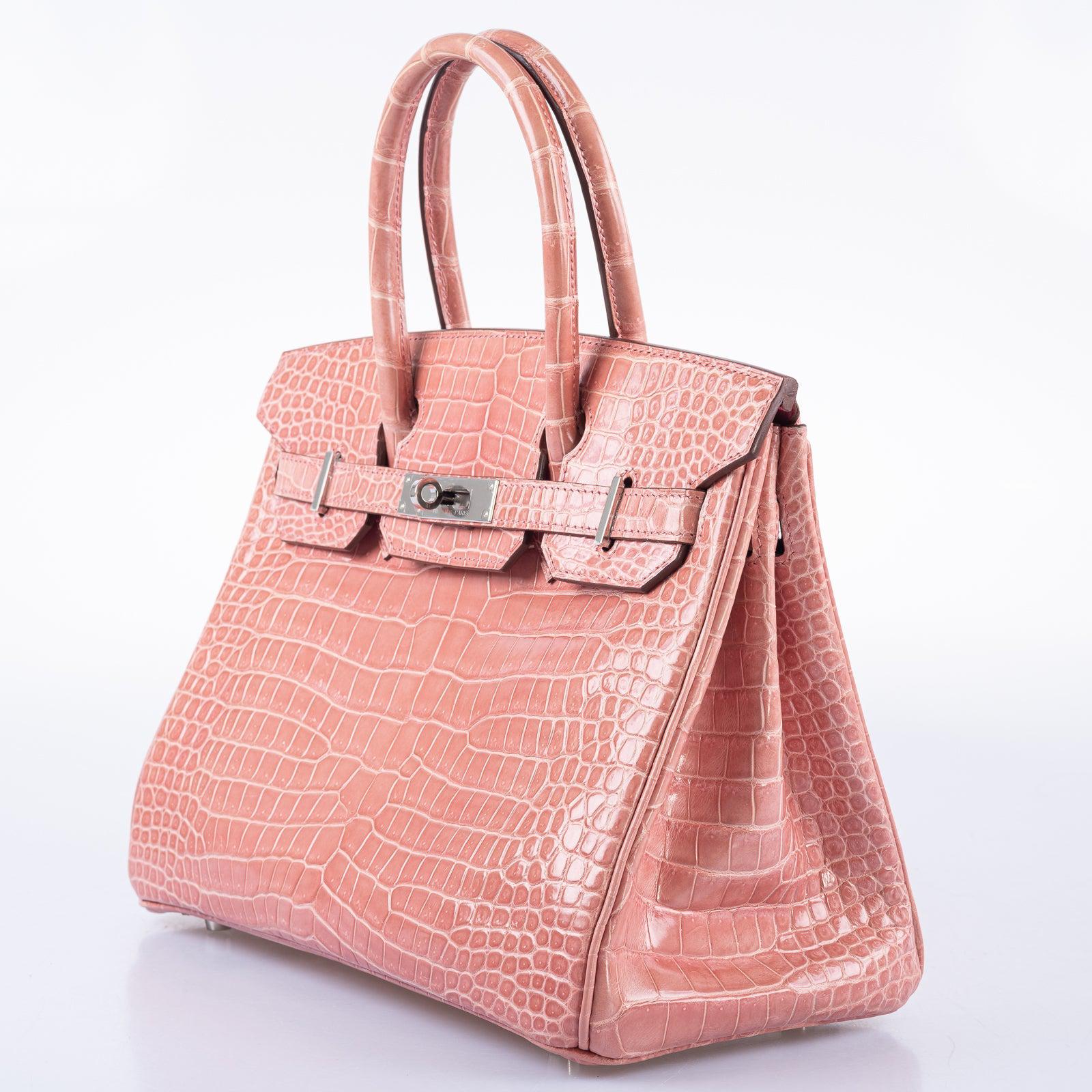 HermesBirkin 30 Rose Indiennes Shiny Porosus Crocodile Palladium Hardware