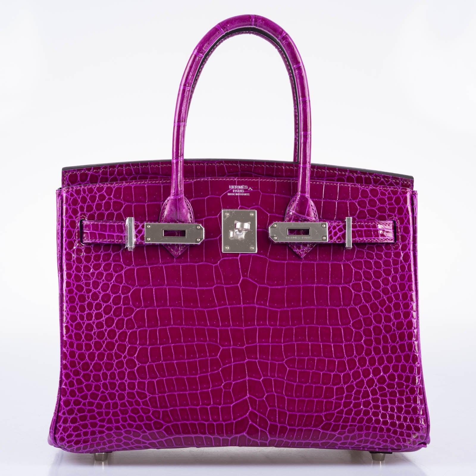 HermesBirkin 30 Rose Pourpre Shiny Porosus Crocodile Palladium Hardware