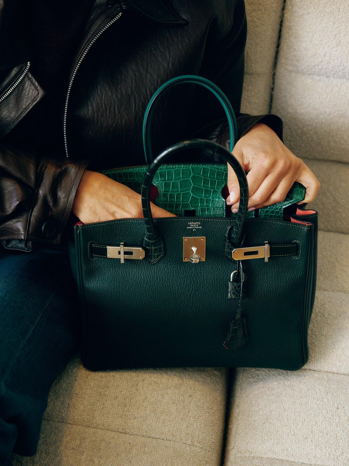 HermesBirkin 30 Vert Emerald Porosus Crocodile, Vert Titien and Rose Azalée Patchwork Palladium Hardware