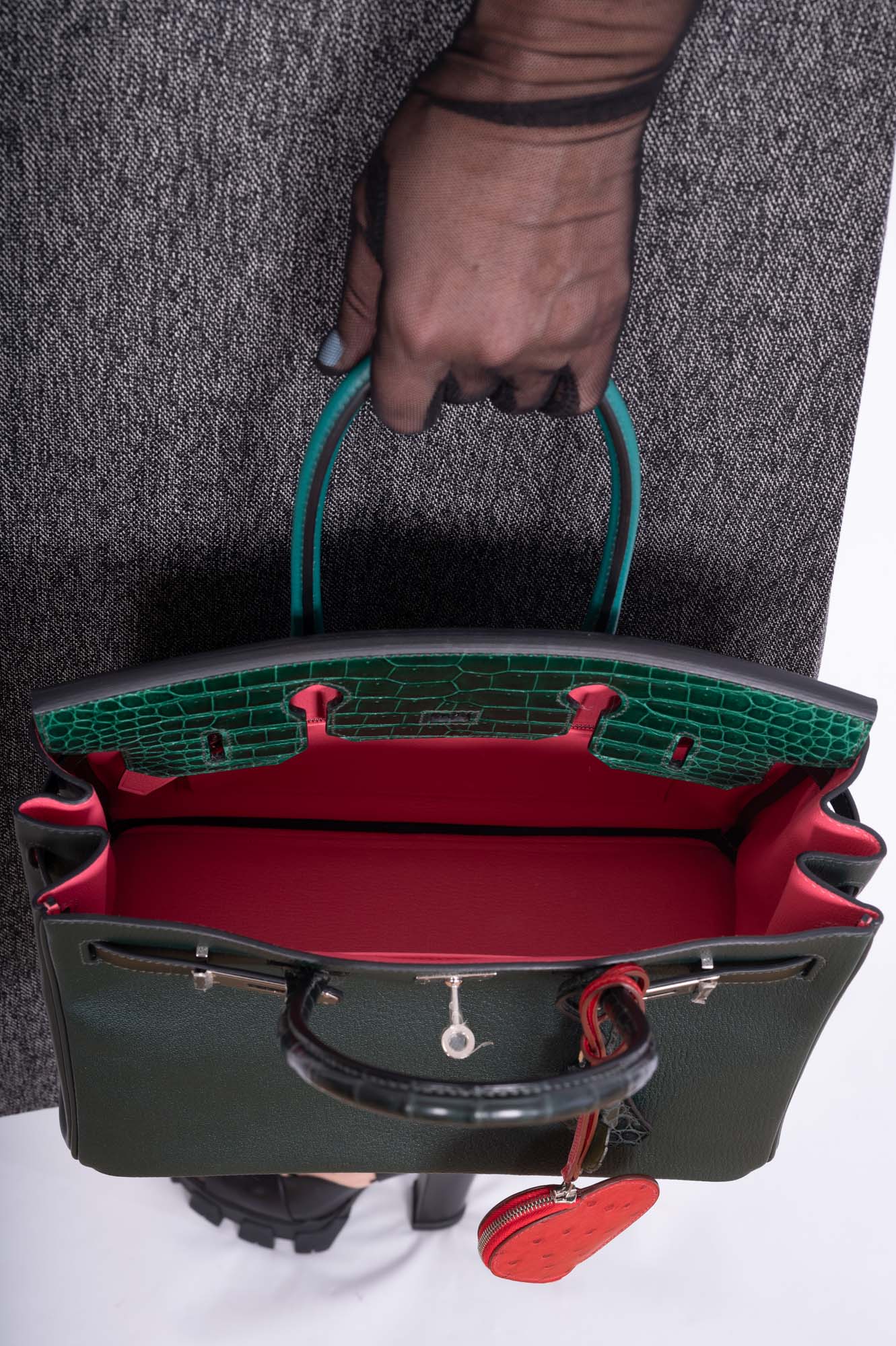 HermesBirkin 30 Vert Emeraude Porosus Crocodile, Vert Titien Multi-Leather & Rose Azalée Patchwork Palladium Hardware