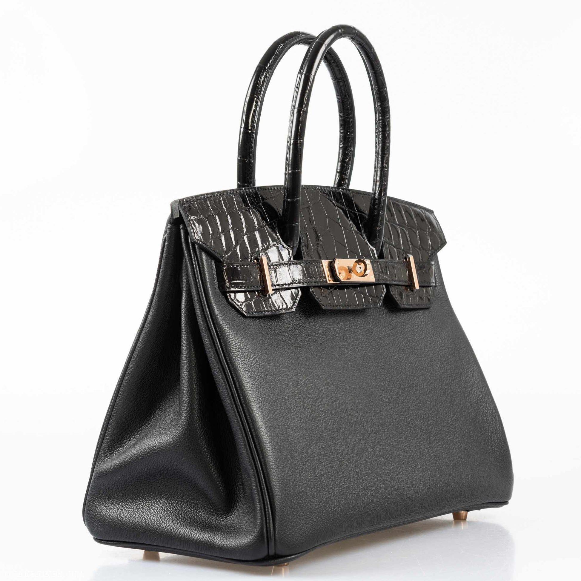 HermesBirkin Touch 30 Black Novillo & Niloticus Crocodile Rose Gold Hardware