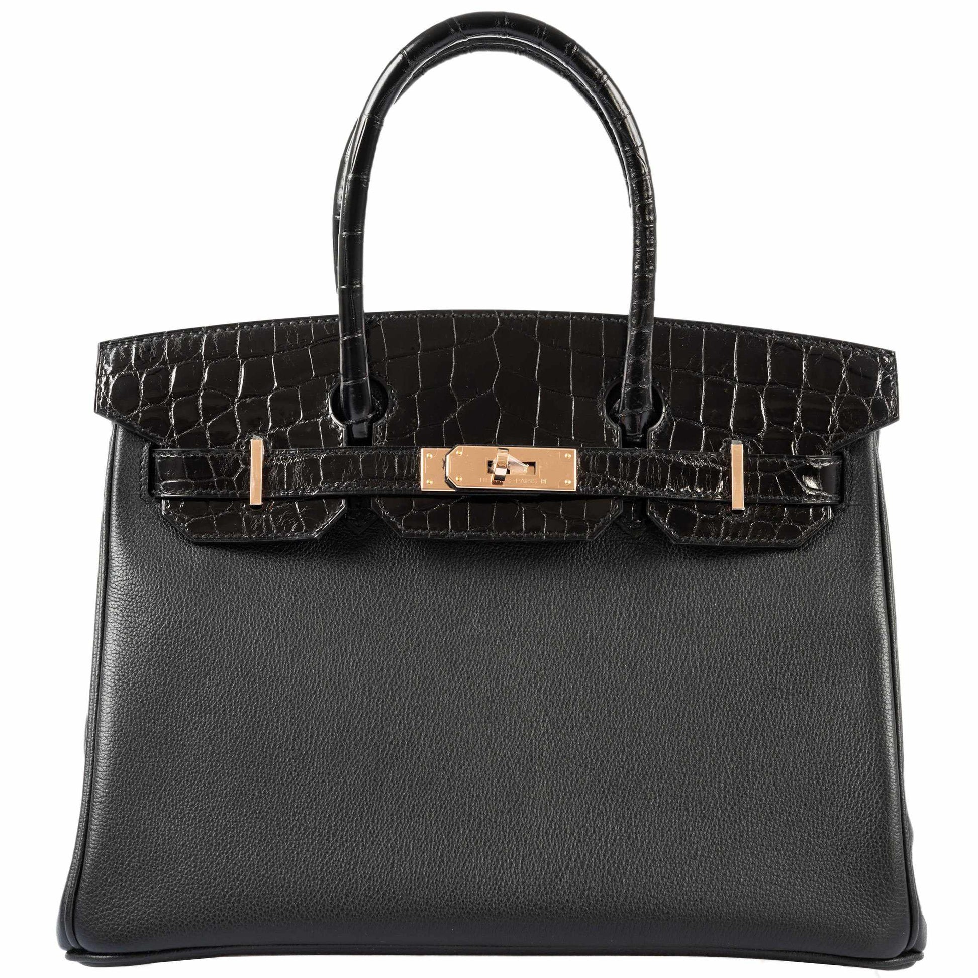 HermesBirkin Touch 30 Black Novillo & Niloticus Crocodile Rose Gold Hardware
