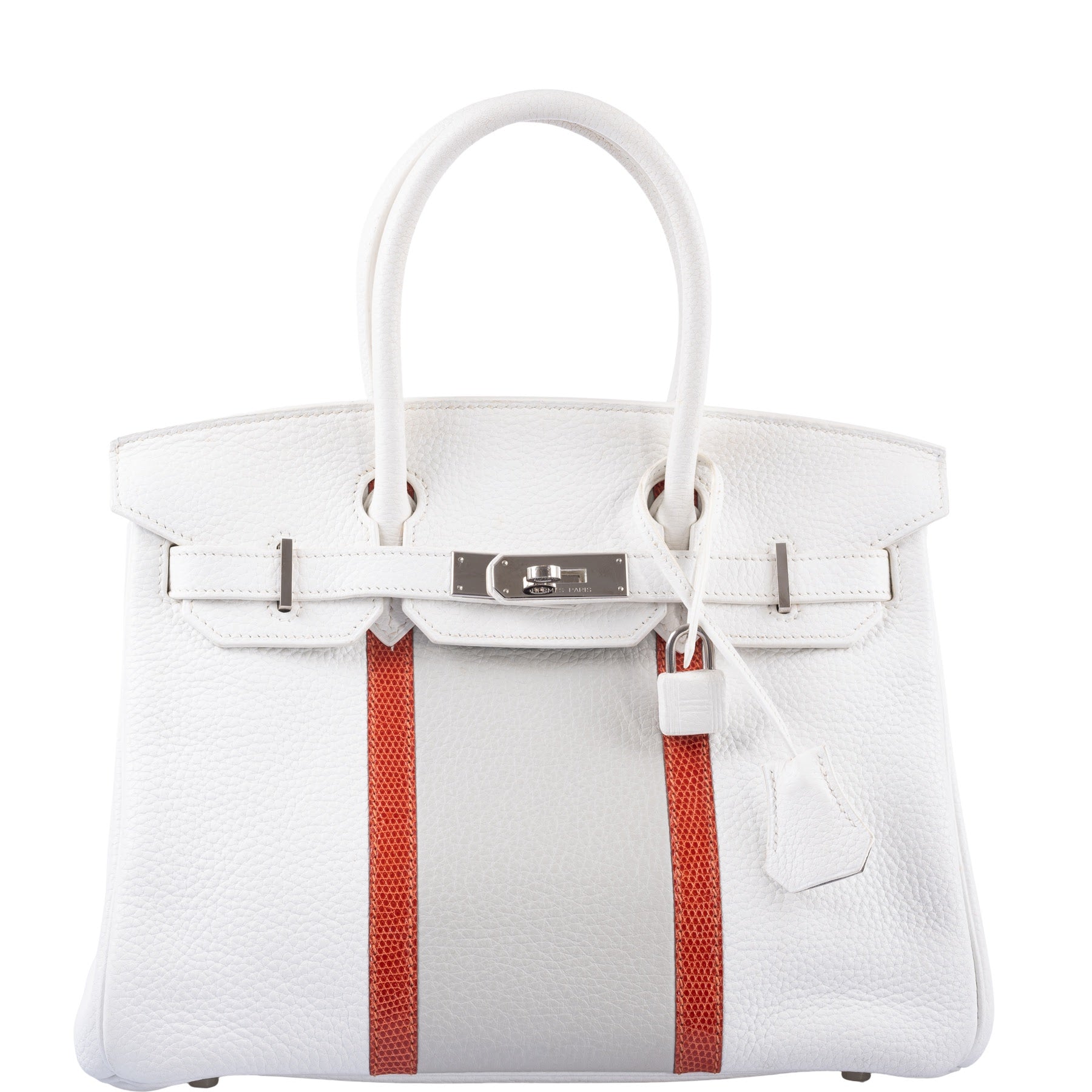 HermesClub Birkin 30 White, Grey Clemence & Sanguine Lizard Palladium Hardware