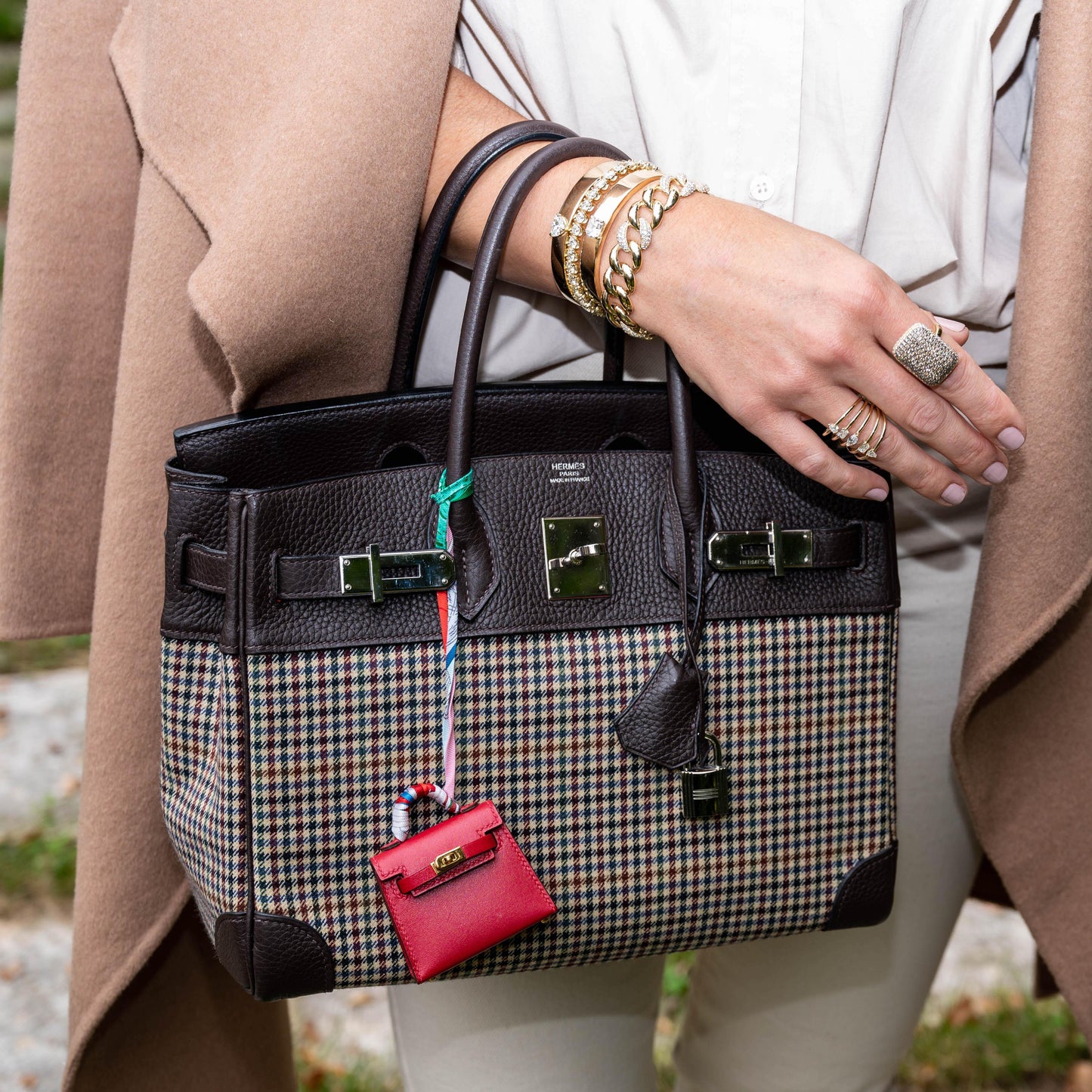 HermesLainage Birkin 30 Houndstooth Plaid Wool and Ebene Togo Palladium Hardware