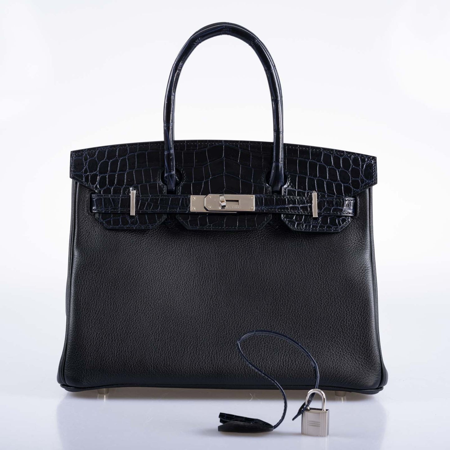HermesTouch Birkin 30 Shiny Bleu Marine Nilo Crocodile and Black Novillo Palladium Hardware