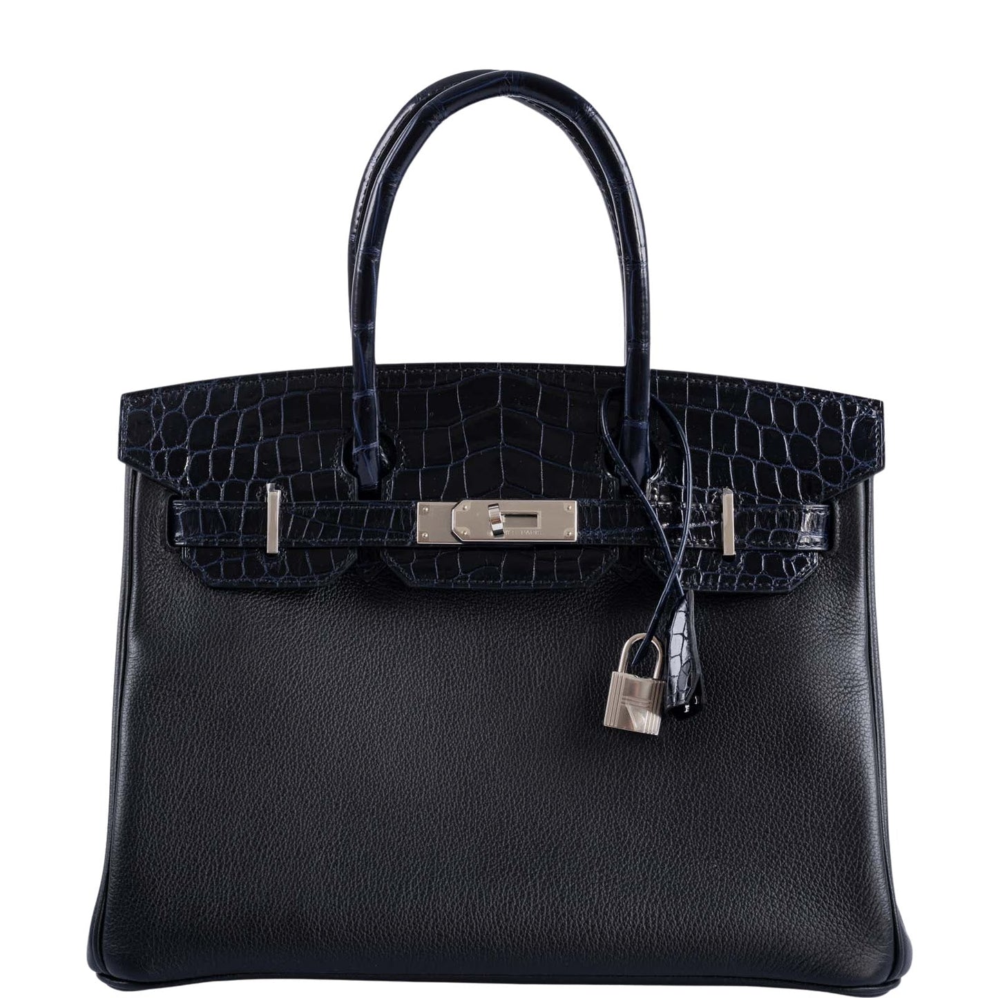 HermesTouch Birkin 30 Shiny Bleu Marine Nilo Crocodile and Black Novillo Palladium Hardware