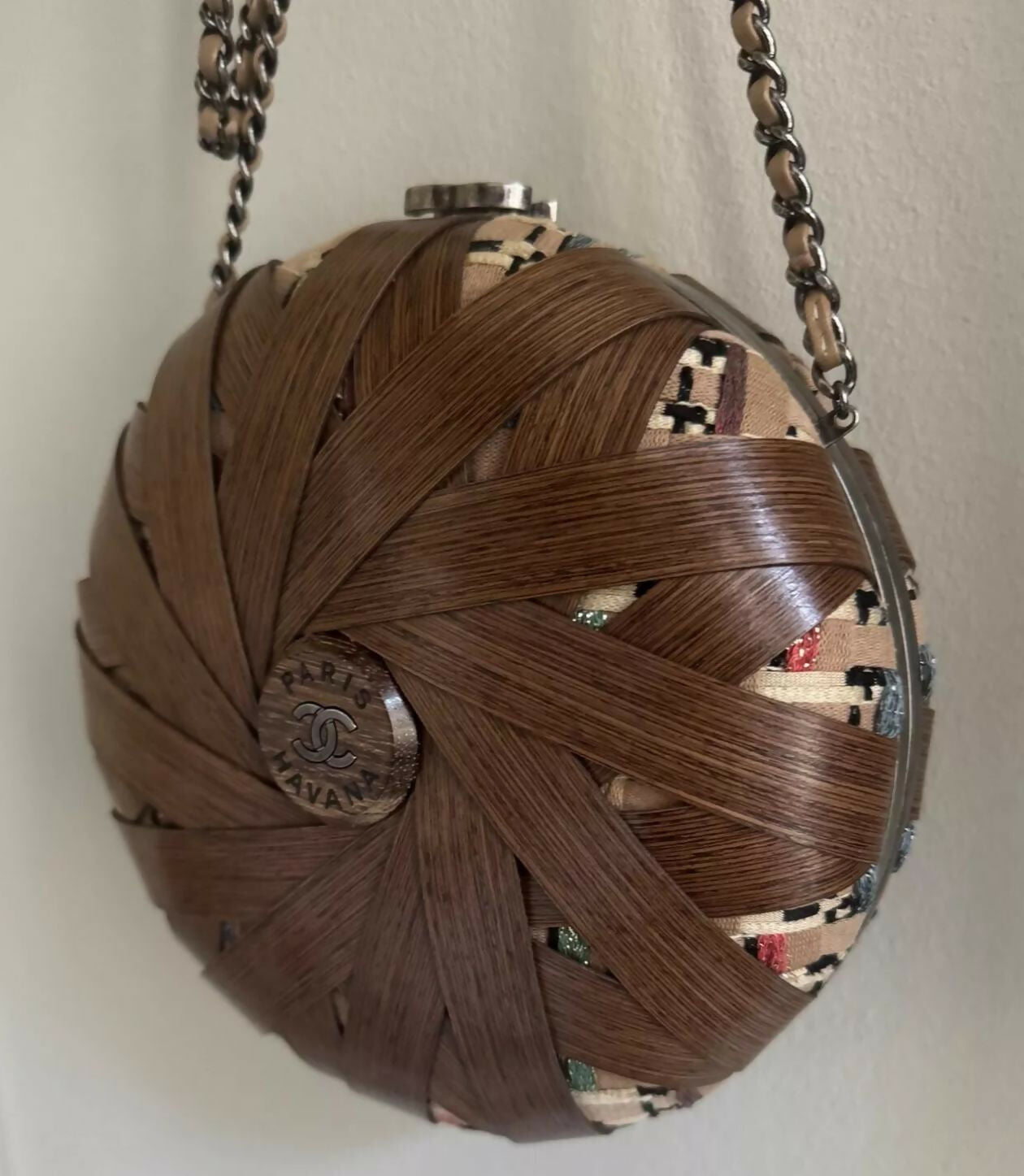 Chanel Havana By Night Round Woven Wood and Tweed Minaudière