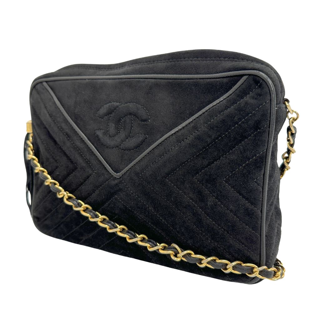 CHANEL Shoulder Bag Suede black Vstitch ChainShoulder Women