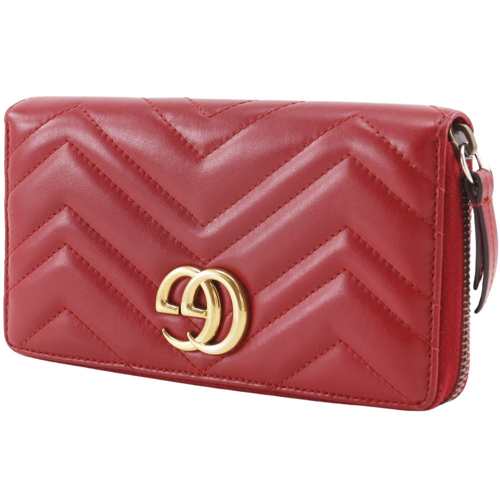 GUCCI Long Wallet Purse 443123 leather Red Chevron quilting GG Marmon Double G zip around wallet Women