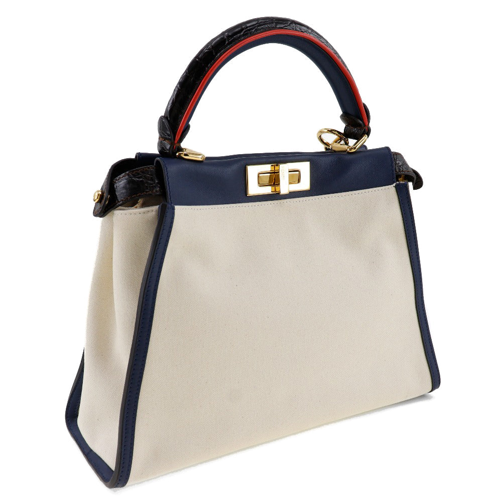 FENDI Handbag 8BN290 Canvas, Calfskin White / navy 2WAYShoulder Peekaboo Women
