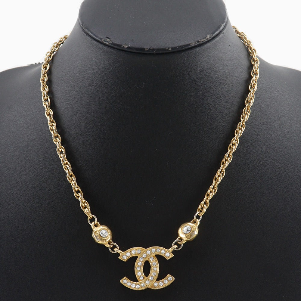 CHANEL Necklace Plated Gold, Rhinestones gold vintage COCO Mark