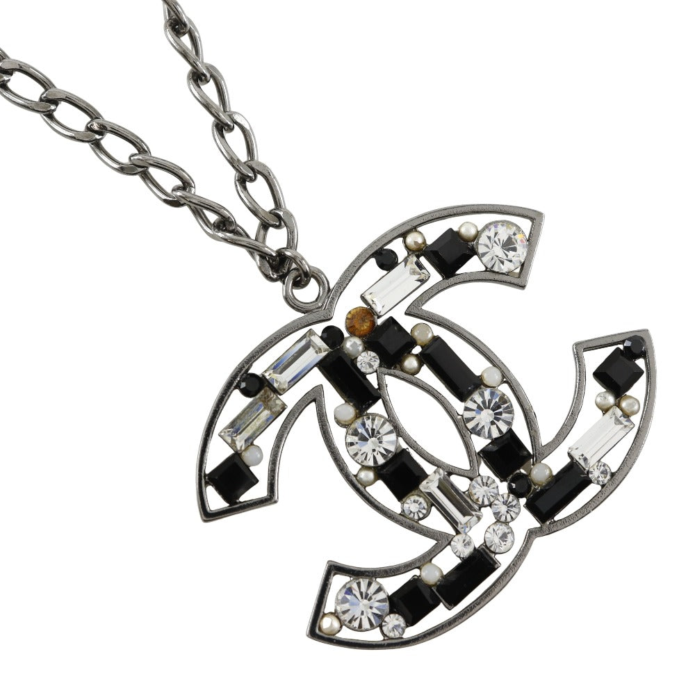 CHANEL Necklace Metal, Rhinestone Silver / black COCO Mark