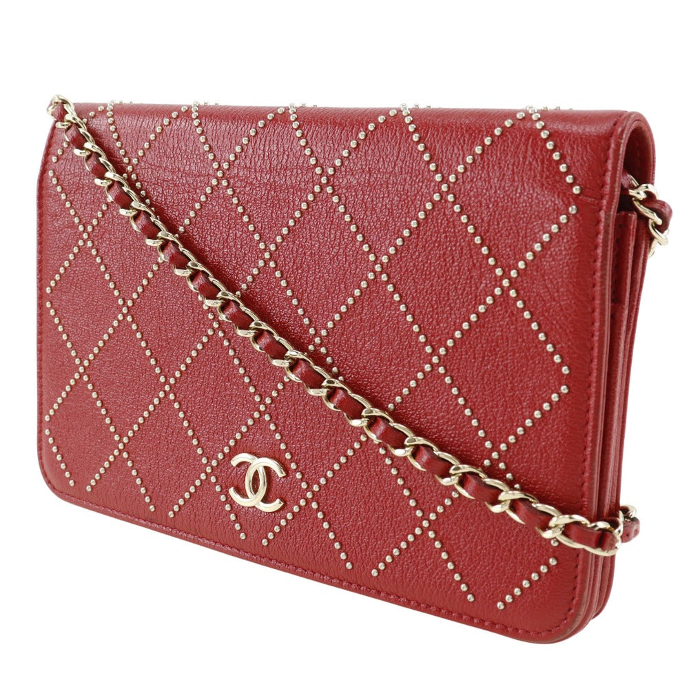 CHANEL Wallet Chain Calfskin Red ChainShoulder Matrasse Studs Women