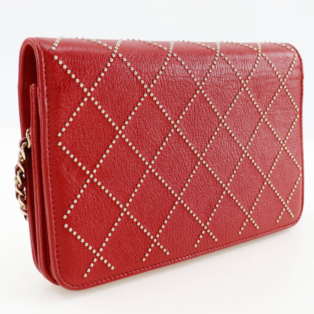 CHANEL Wallet Chain Calfskin Red ChainShoulder Matrasse Studs Women