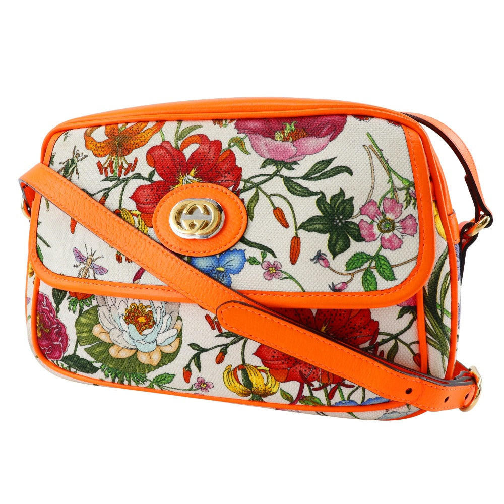 GUCCI Shoulder Bag 550147 Canvas, Leather Orange Floral GG Flora Women