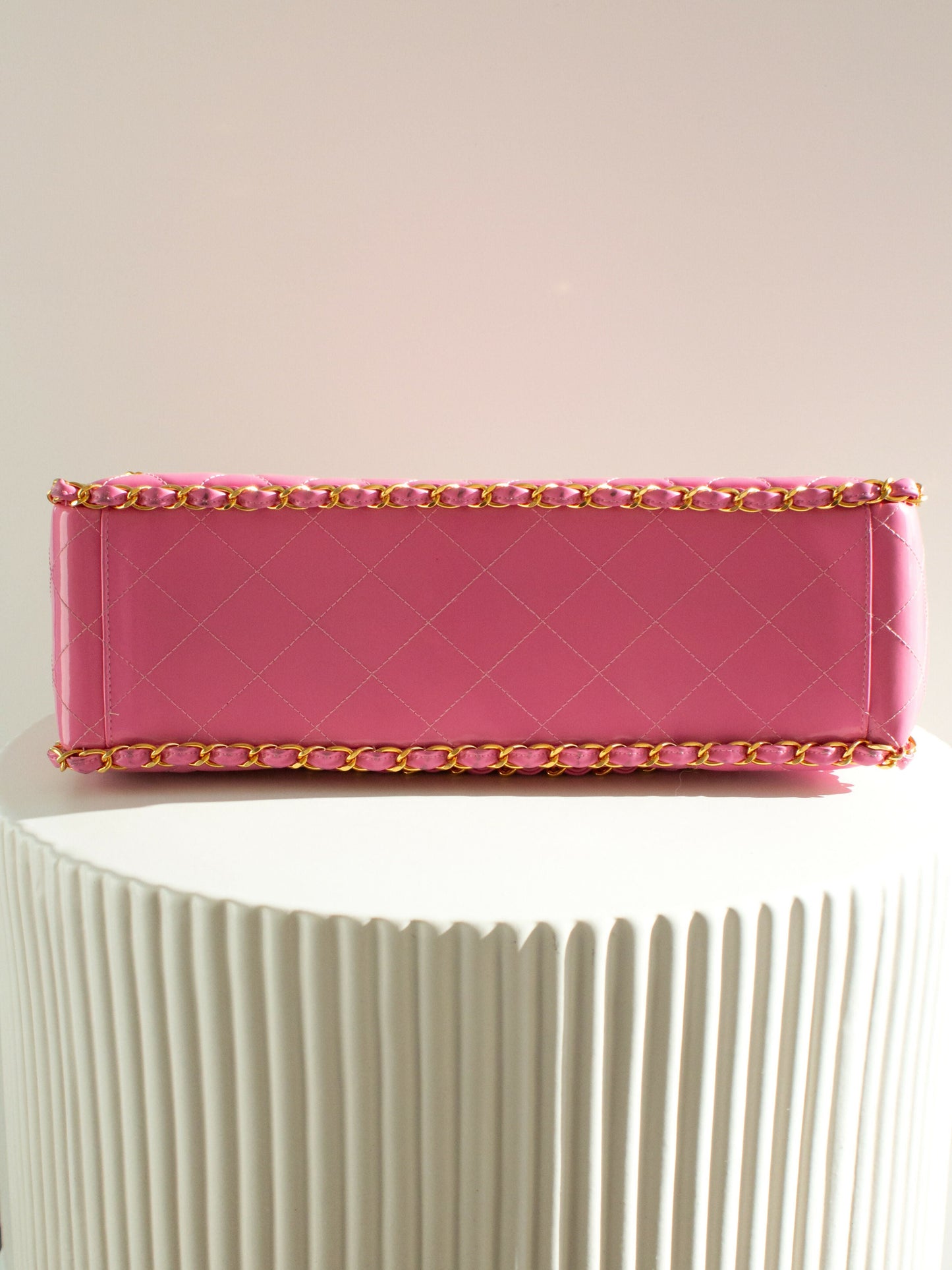 Chanel  S/S1995 Barbie Pink 24K Gold Chain Around Patent Lambskin Jumbo XL 95P Bag