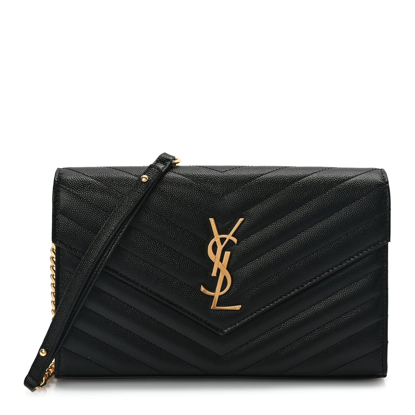 Saint Laurent Grain De Poudre Matelasse Chevron Monogram Chain Wallet Black