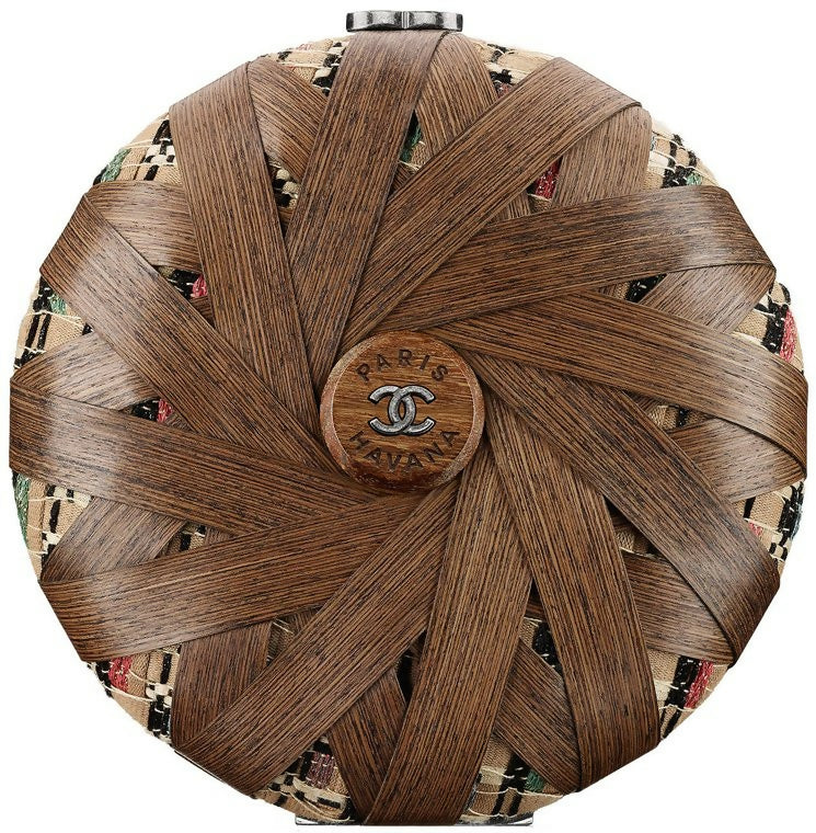 Chanel Havana By Night Round Woven Wood and Tweed Minaudière