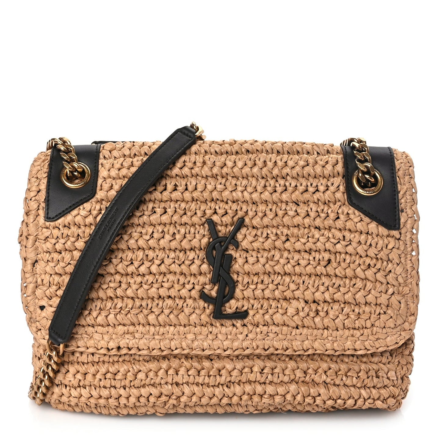 Saint Laurent Raffia Calfskin Monogram Medium Niki Chain Satchel Natural