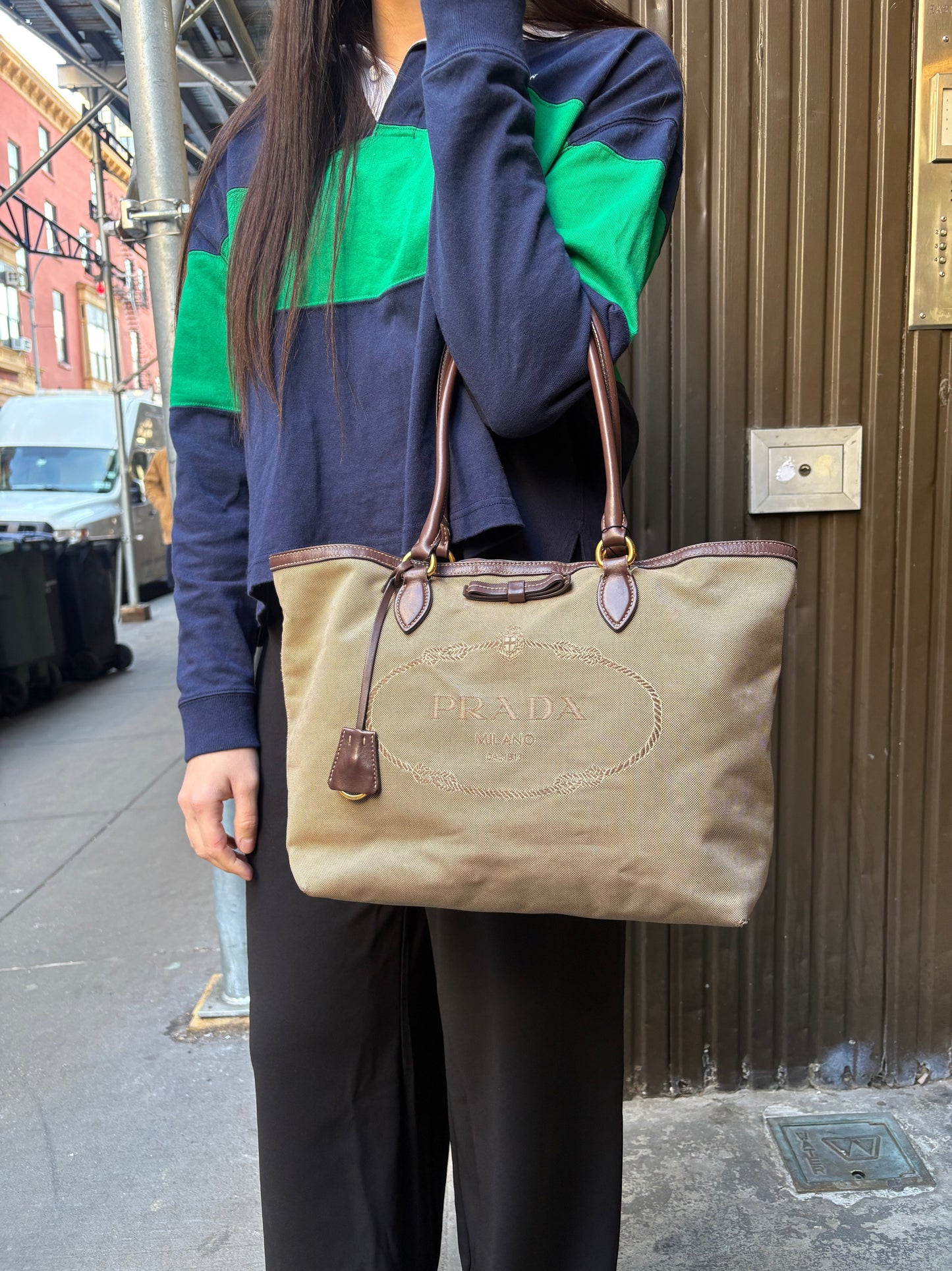 Prada   Jacquard Logo Tote Brown