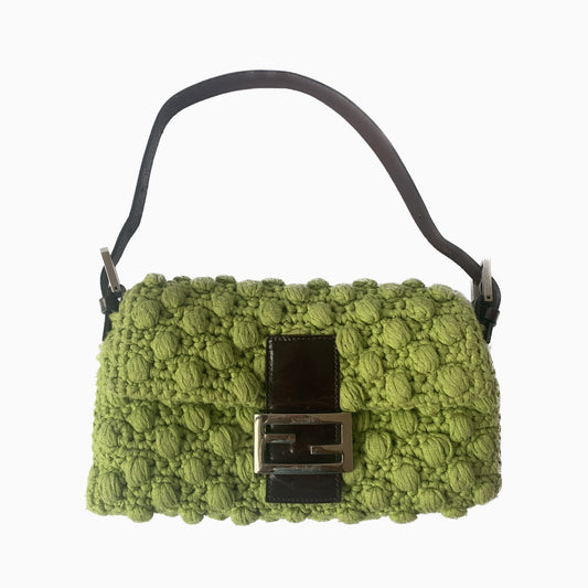 Fendi Baguette Bag Green Wool Pompom Shoulder Bag