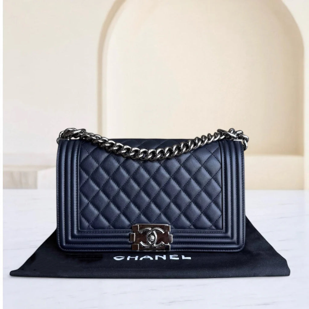 Chanel Boy Medium - 25CM Quilted Calfskin Dark Midnight Blue Silver Hardware Series  20